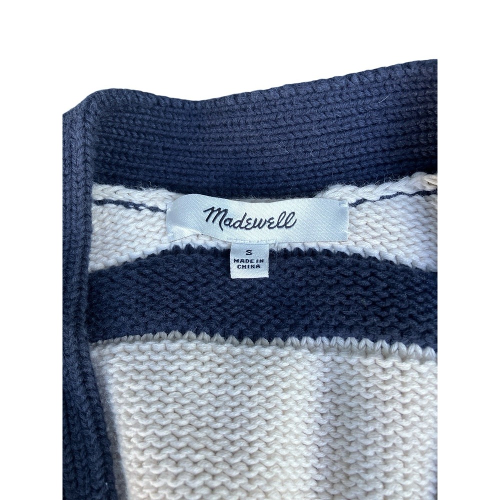Madewell Striped‎ V-Neck Cardigan Sweater S Cream Blue Nautical Fisherman SP25 - Picture 2 of 8